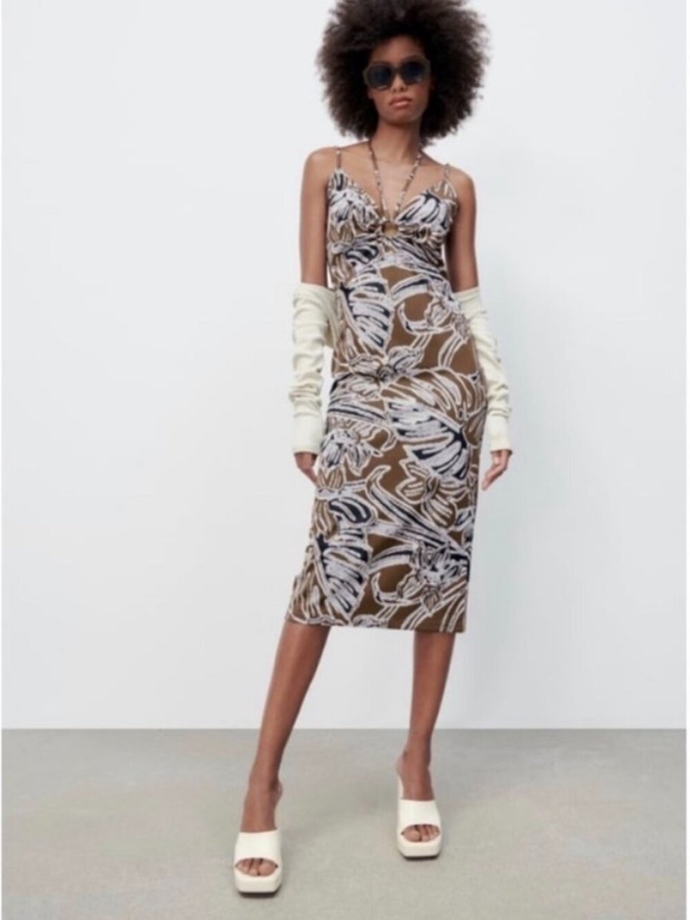 Zara Brown Palm Printed Jacquard Midi Dress, Size Medium